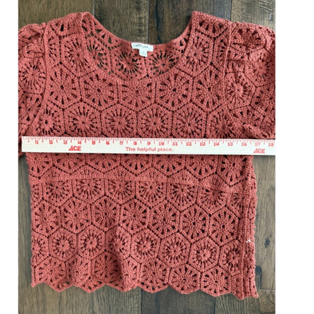 Ultra Pink Burnt Sienna Crochet Crop Top Puff Sleeves Scallop Hem Size M - Picture 3 of 6